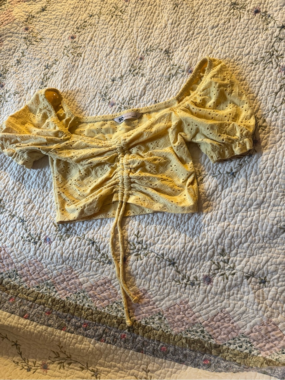 SO Yellow Eyelet Ruched Tie-Front Crop Top